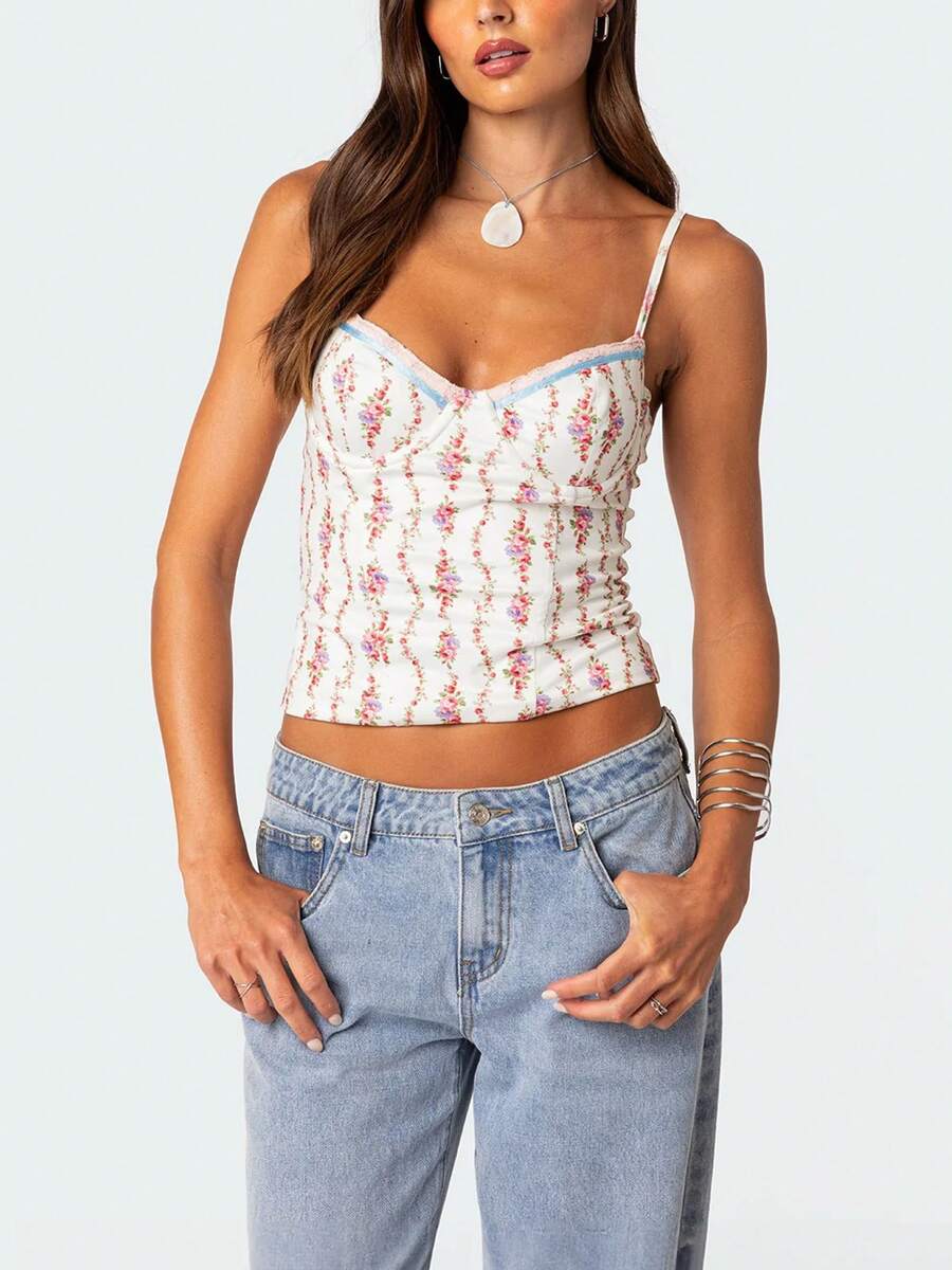 Women Floral Print Tie Strap V - Cami Top Lace recension och pris